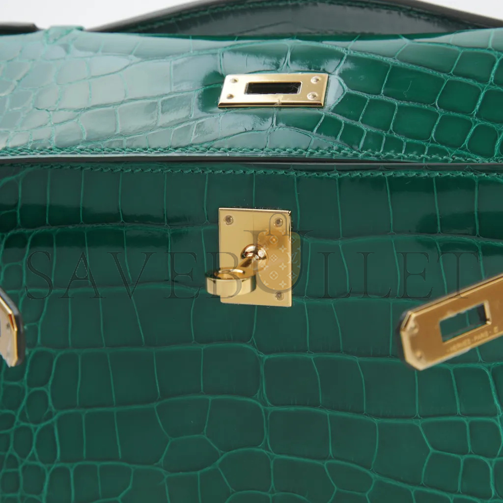 H**mes master kelly pochette vert emeraude crocodile leather gold buckle (22*14*7cm)